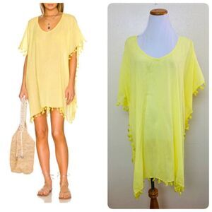 Seafolly Amnesia Kaftan Tassel Trim Coverup Dress One Size Lemon Yellow